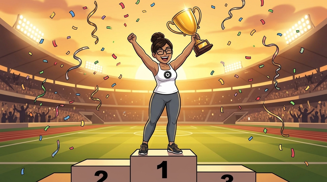 Sally celebrating on the podium with the trophy